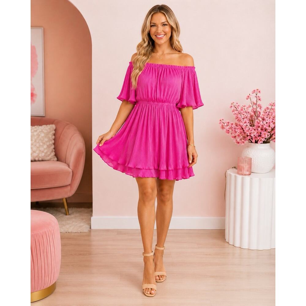 NWT Simply Southern Pleated Dress Large Fuchsia Pink Flutter Sleeve Mini Barbie - Picture 2 of 11